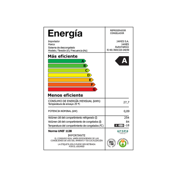 Refrigerador Heladera James Inoxidable 372 Litros Frio Seco RJ 401 INOX