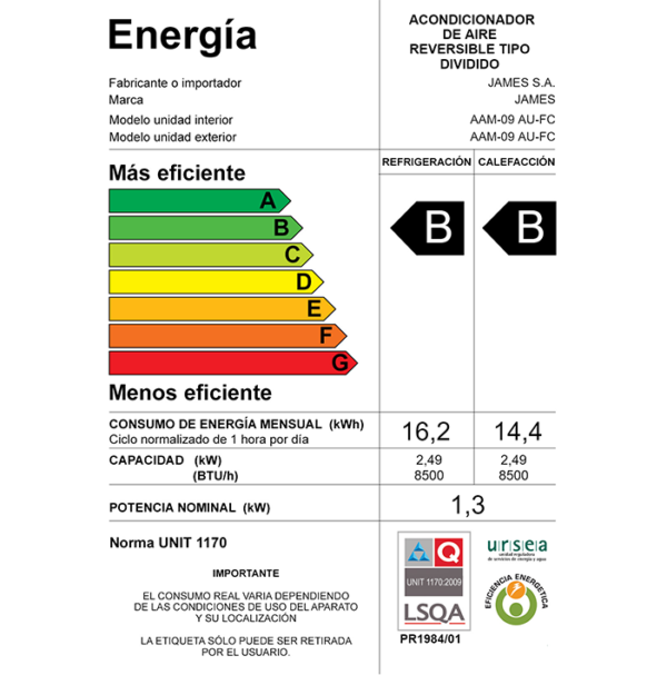 Aire Acondicionado James Sistema ON/OFF De 9.000 BTU AAM-09 AU-FC