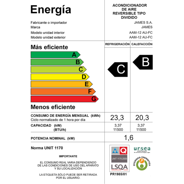2023-AAM-12-AU-FC Aire Acondicionado James Sistema ON/OFF De 12.000 BTU AAM-12 AU-FC