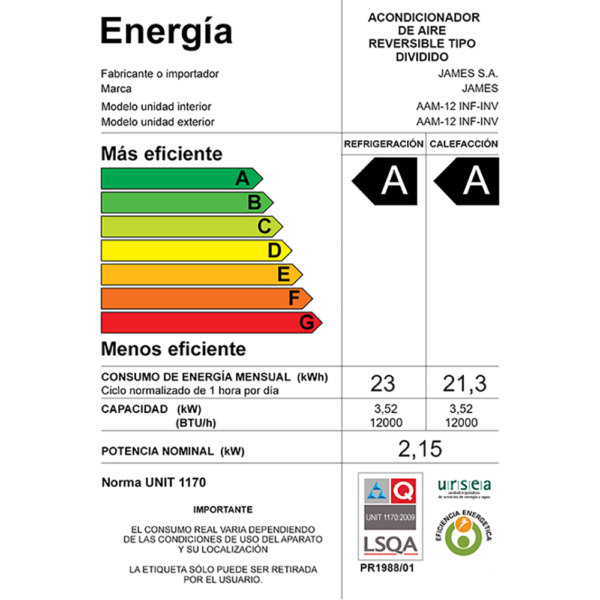 Aire Acondicionado James Inverter Smart De 12.000 BTU AAM-12 INF-INV