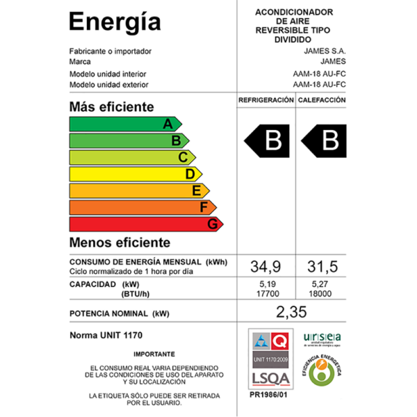 Aire Acondicionado James Sistema ON/OFF De 18.000 BTU AAM-18 AU-FC