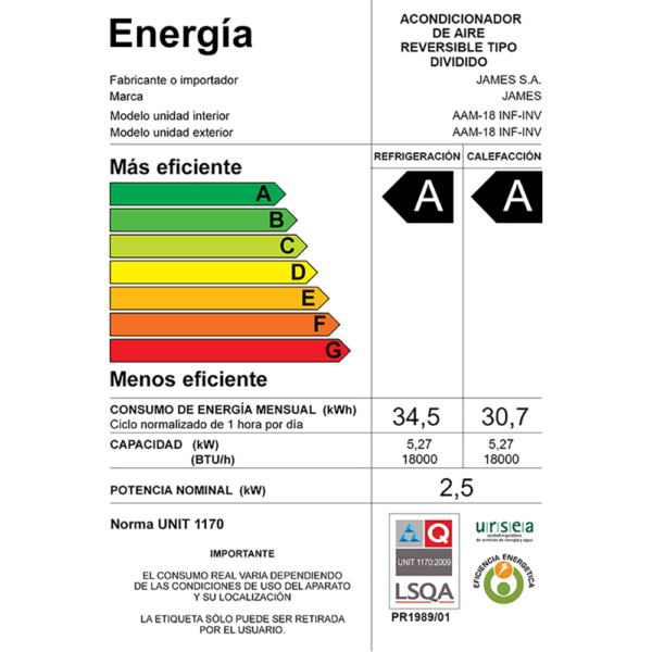 Aire Acondicionado James Inverter Smart De 18.000 BTU AAM-18 INF-INV