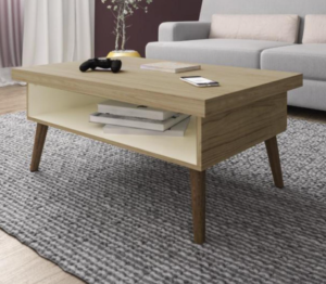 Mesa de centro Lucca Pino con patas de madera oscura y compartimentos para almacenamiento