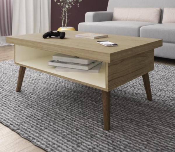 Mesa de centro Lucca Pino con patas de madera oscura y compartimentos para almacenamiento
