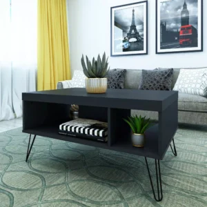 Mesa de centro color Negro Liberty con patas de metal y compartimentos para almacenamiento