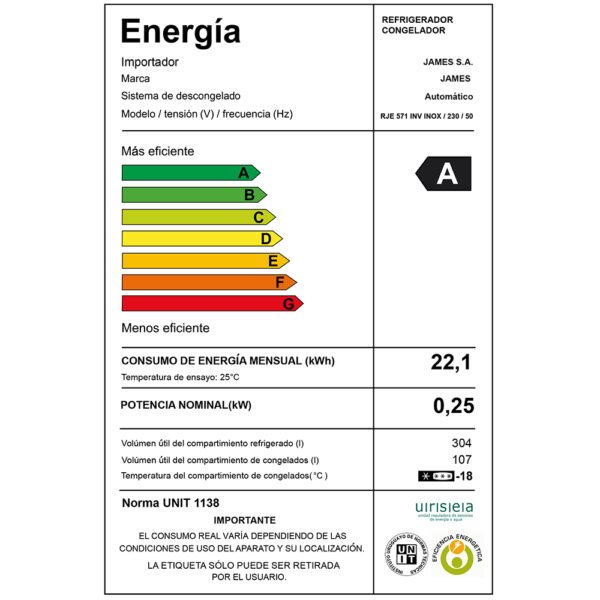 Refrigerador Heladera James Inoxidable 452 Litros Con Dispensador Inverter Frio Seco RJN 571 Inv Inox