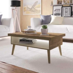 Mesa de centro Lucca Pino con patas de madera oscura y compartimentos para almacenamiento