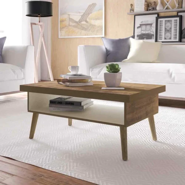 Mesa de centro Lucca Pino con patas de madera oscura y compartimentos para almacenamiento