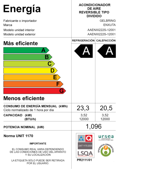 Aire Acondicionado Enxuta Sistema Inverter Smart De 12.000 BTU AAENXI222S – 12001
