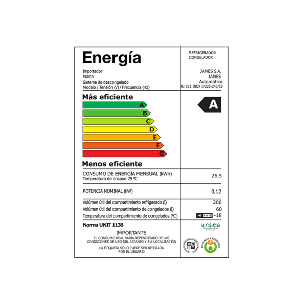 Refrigerador Heladera James Inoxidable 293 Litros Con Dispensador Frio Seco RJ 301 Inox D