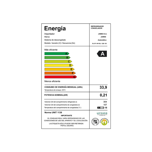 RJ-571-INV-BL-33-32 Refrigerador Heladera James Blanco 452 Litros Frio Seco RJN 571 Inv B