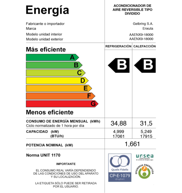 Aire Acondicionado Enxuta Sistema ON/OFF De 18.000 BTU AAENX9 –18.000 BTU