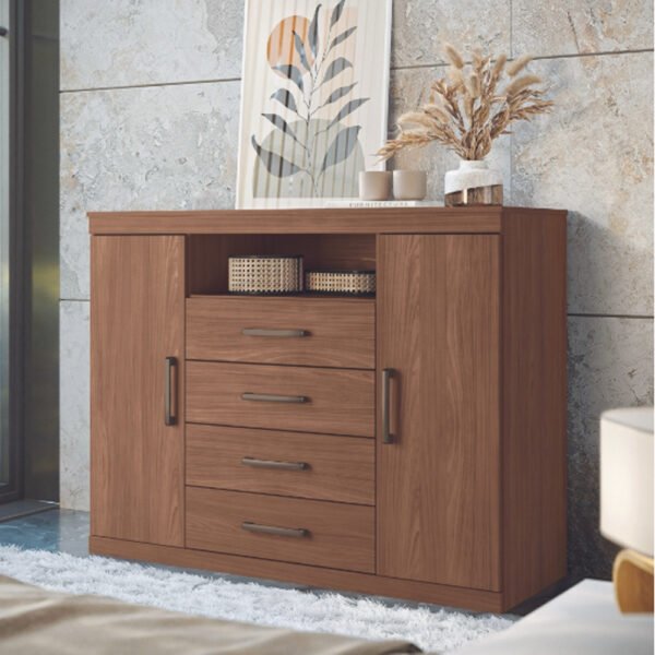 Cómoda Master color marrón con 5 cajones y 2 puertas, diseño moderno con tiradores metálicos
