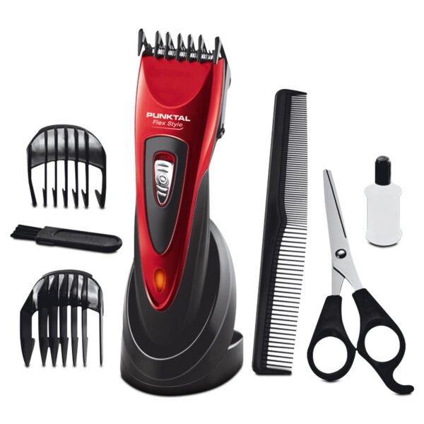 Afeitadora recargable Punktal PK-HC2016 color rojo y negro, con accesorios incluidos: peines guía, tijera, peine y aceite lubricante