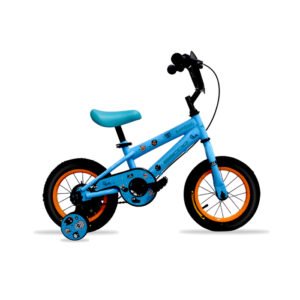 Bicicleta Baccio Bambino rodado 12 en color celeste, ruedas auxiliares y diseño infantil con calcomanías