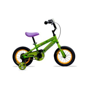 Bicicleta Baccio Bambino rodado 12 en color verde con asiento morado, ruedas auxiliares y diseño infantil con calcomanías