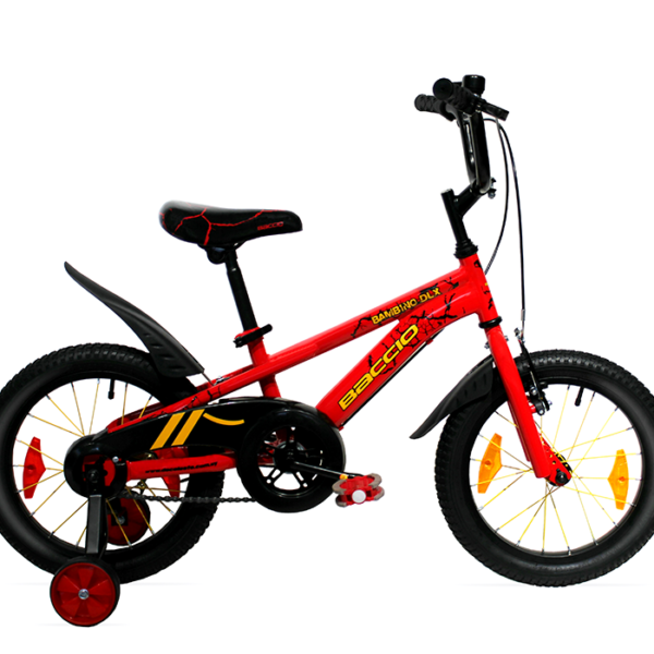 Bambino-DLX-16 Bicicleta Baccio Bambino DLX rodado 16 en color Rojo, con ruedas auxiliares, guardabarros y diseño deportivo