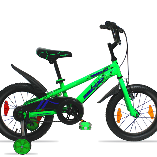 Bambino-DLX-16-VERDE Bicicleta Baccio Bambino DLX rodado 16 en color verde, con ruedas auxiliares, guardabarros y diseño deportivo