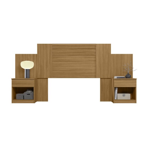 Respaldo Araguaia de 2 plazas en color madera con mesas de luz integradas, diseño elegante y funcional para dormitorio
