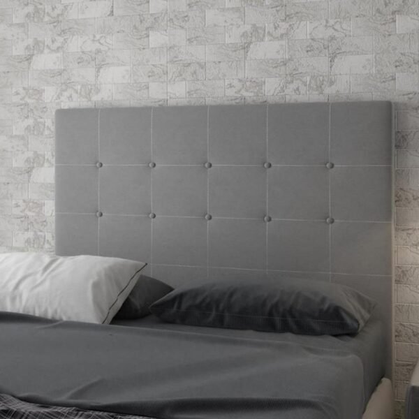 Respaldo de cama Imperial 2 plaza tapizado en tela gris con capitoné, diseño moderno y elegante