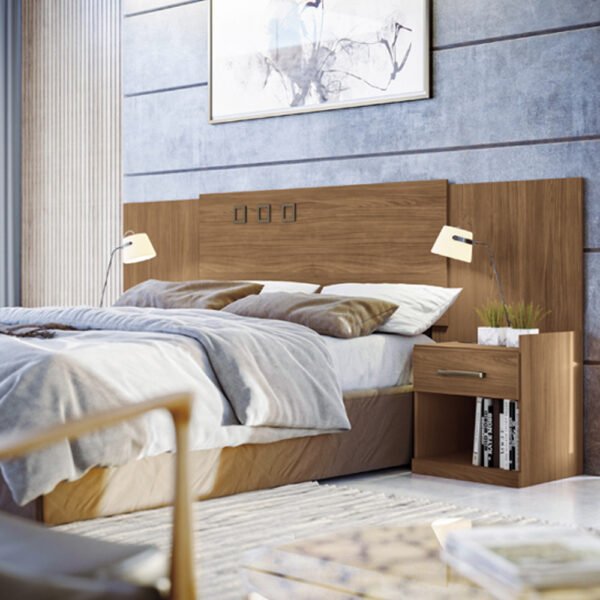 Respaldo Havana de 2 plazas en color madera con mesas de luz integradas, diseño elegante y funcional para dormitorio