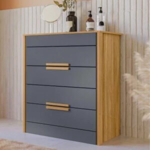 Cómoda Dhara en color freijo y gris con 4 cajones y tiradores de madera, diseño moderno para dormitorio