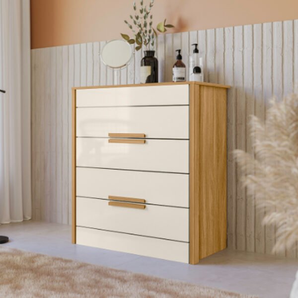 Cómoda Dhara en color freijo y White con 4 cajones y tiradores de madera, diseño moderno para dormitorio