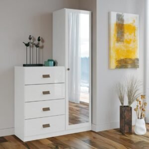 Cómoda blanca con cuatro cajones y armario con espejo, diseño moderno para dormitorio elegante"