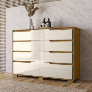 Cómoda moderna de madera freijo y off white con seis cajones amplios y diseño elegante