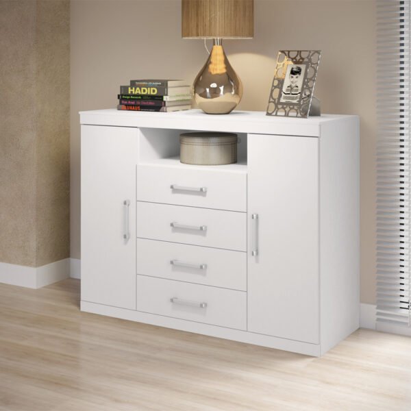 Cómoda Master color Blanco con 5 cajones y 2 puertas, diseño moderno con tiradores metálicos