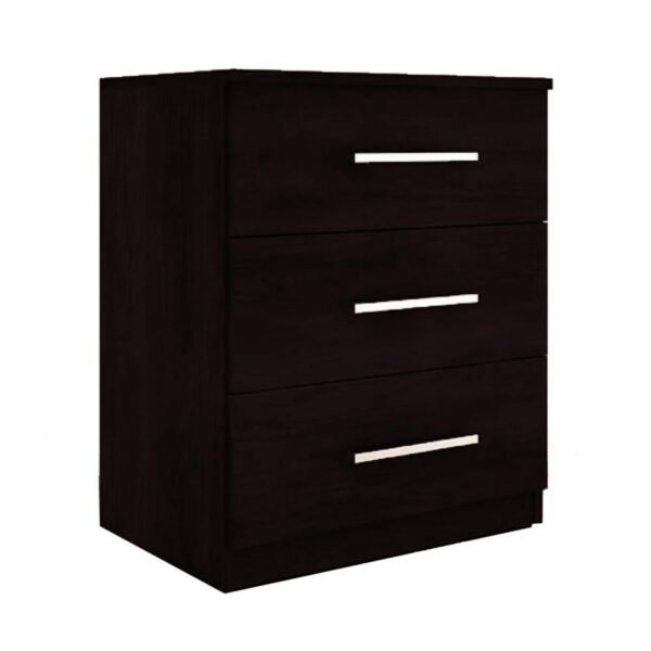 Mesa de luz en color negro con 3 cajones y tiradores metálicos, diseño moderno para dormitorio