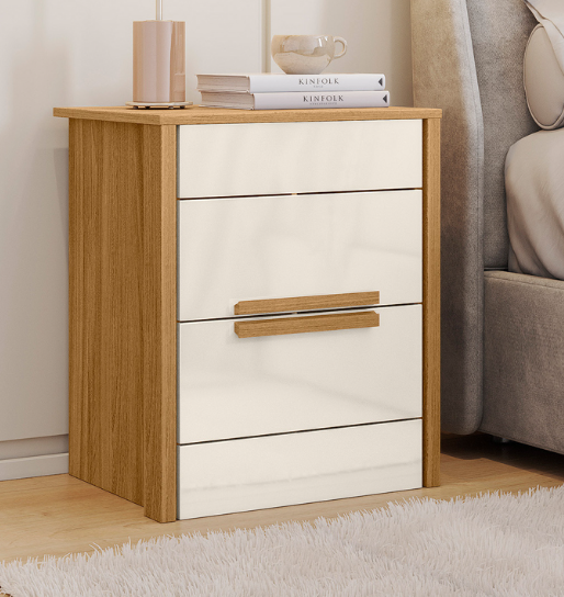Mesa de luz Dhara en color marrón y blanco con 2 cajones y estante, diseño moderno para dormitorio