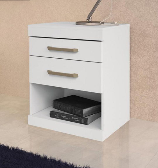 Mesa de luz en color blanco con 2 cajones y estante, diseño moderno para dormitorio
