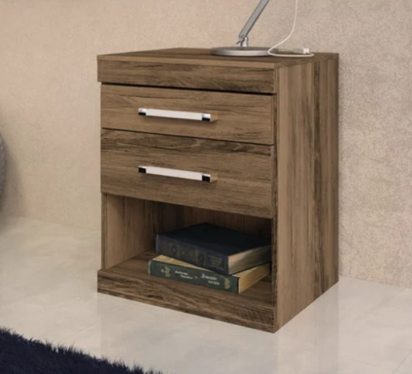 Mesa de luz en color marrón con 2 cajones y estante, diseño moderno para dormitorio