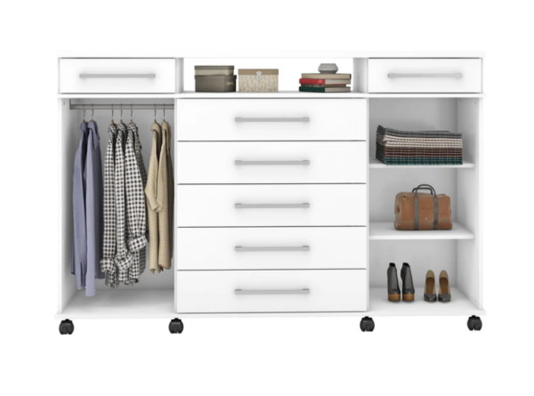 Cómoda London color blanco con 7 cajones y 2 puertas, diseño moderno con tiradores metálicos
