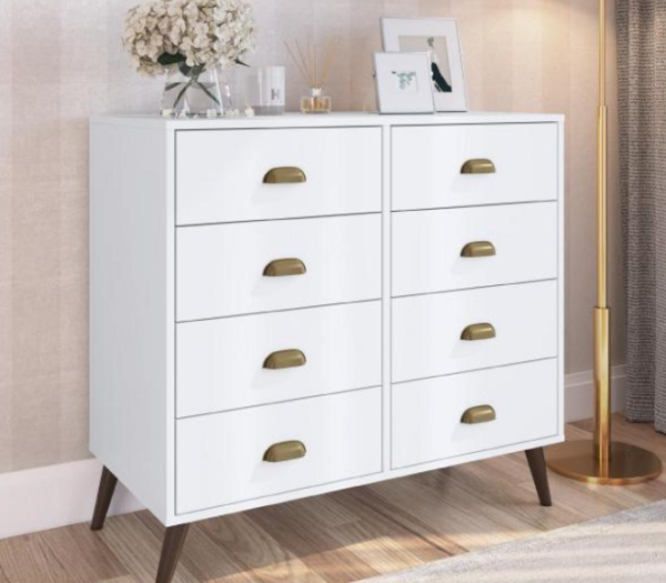 Cómoda blanca con ocho cajones y patas de madera, diseño moderno para dormitorio