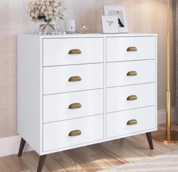 Cómoda blanca con ocho cajones y patas de madera, diseño moderno para dormitorio