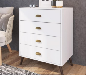 Cómoda blanca con cuatro cajones y patas de madera, diseño moderno para dormitorio