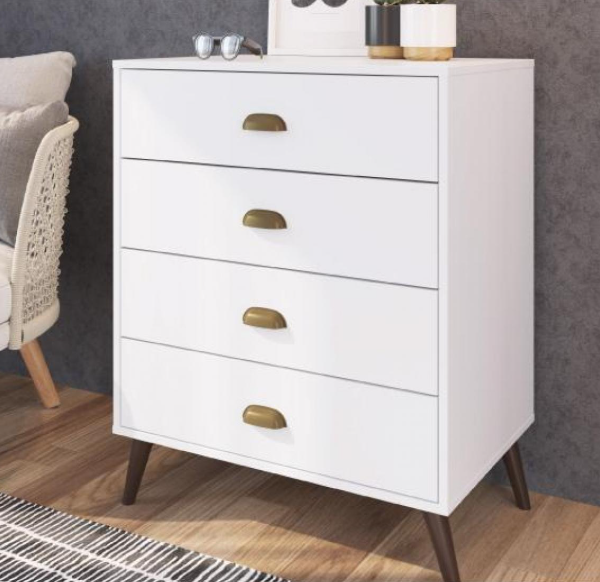 Cómoda blanca con cuatro cajones y patas de madera, diseño moderno para dormitorio