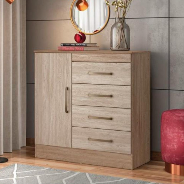 Cómoda Montevideo color almendra con cuatro cajones y una puerta lateral, diseño moderno para dormitorio