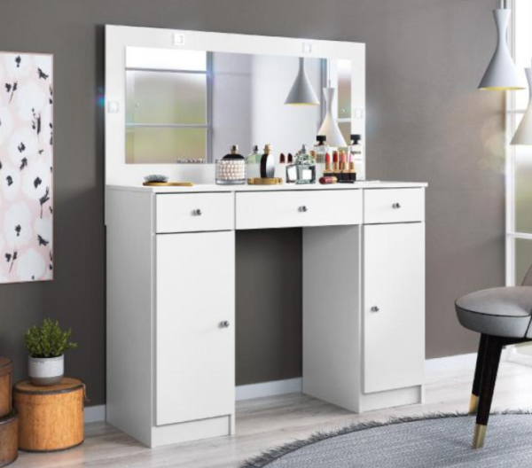 Tocador blanco estilo vintage con espejo, cubierta de madera natural, 4 cajones y dos puertas para dormitorio elegante