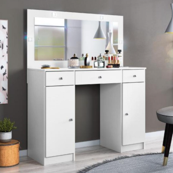 Captura de pantalla 2025-03-05 163255 Tocador blanco estilo vintage con espejo, cubierta de madera natural, 4 cajones y dos puertas para dormitorio elegante