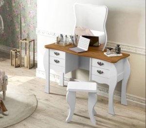Tocador blanco estilo vintage con espejo, cubierta de madera natural y cajonera, incluye banqueta a juego para dormitorio elegante