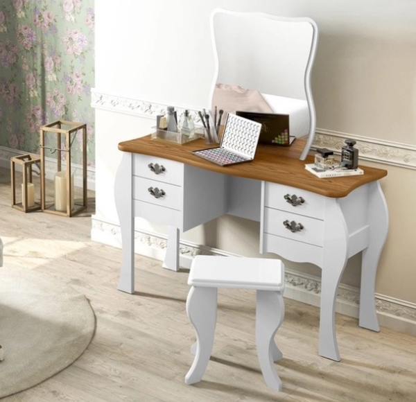 Captura de pantalla 2025-03-05 164648 Tocador blanco estilo vintage con espejo, cubierta de madera natural y cajonera, incluye banqueta a juego para dormitorio elegante
