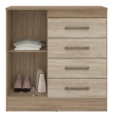 Cómoda Montevideo color almendra con cuatro cajones y una puerta lateral, diseño moderno para dormitorio