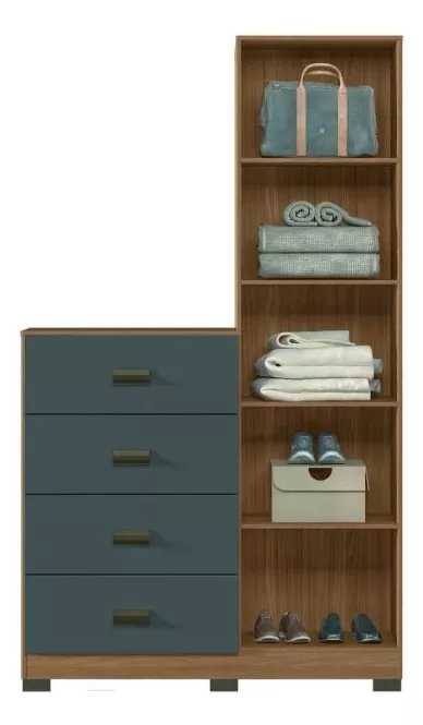 Cómoda marrón con cuatro cajones y armario con espejo, diseño moderno para dormitorio elegante"