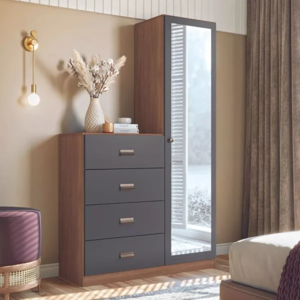 Cómoda marrón y negra, con cuatro cajones y armario con espejo, diseño moderno para dormitorio elegante"