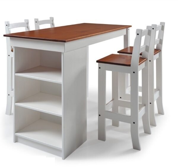 IMG_5767 Desayunador de madera color blanco y nogal con mesa alta, estantes laterales y cuatro sillas con respaldo alto, estilo rústico y funcional