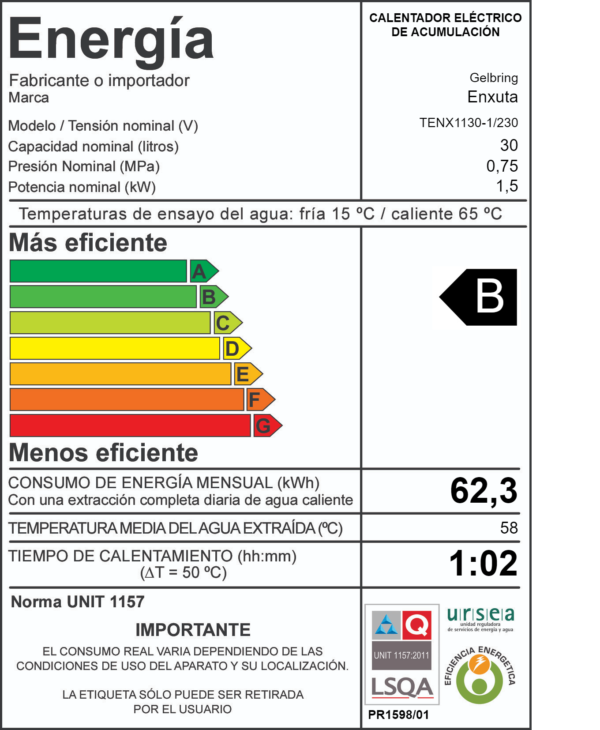 Termotanque calefón Enxuta de acero, 30 litros, modelo TENX1130-1, eficiencia energética B, color blanco