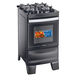 Cocina a gas Punktal PK-GL4B negra, con cuatro hornallas, mesada de vidrio y horno con termocontrol